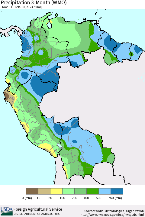 Northern South America Precipitation 3-Month (WMO) Thematic Map For 11/11/2022 - 2/10/2023