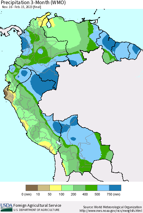 Northern South America Precipitation 3-Month (WMO) Thematic Map For 11/16/2022 - 2/15/2023