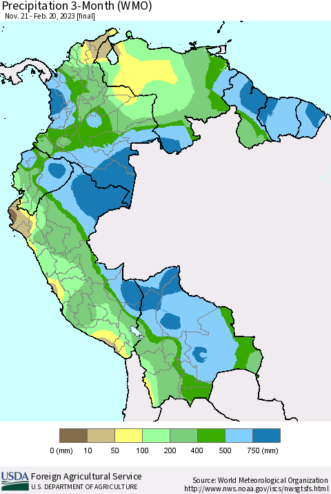 Northern South America Precipitation 3-Month (WMO) Thematic Map For 11/21/2022 - 2/20/2023