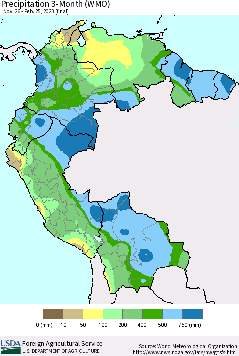 Northern South America Precipitation 3-Month (WMO) Thematic Map For 11/26/2022 - 2/25/2023