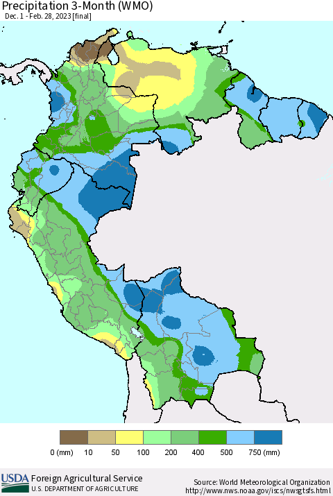 Northern South America Precipitation 3-Month (WMO) Thematic Map For 12/1/2022 - 2/28/2023