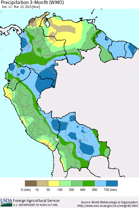 Northern South America Precipitation 3-Month (WMO) Thematic Map For 12/11/2022 - 3/10/2023