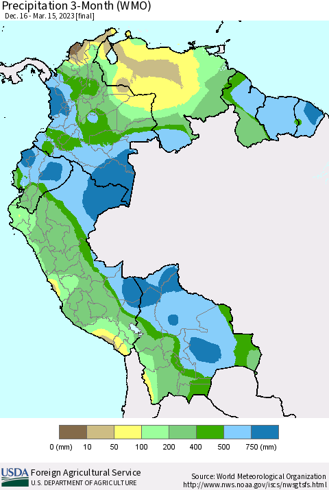 Northern South America Precipitation 3-Month (WMO) Thematic Map For 12/16/2022 - 3/15/2023