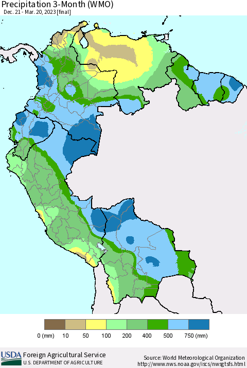 Northern South America Precipitation 3-Month (WMO) Thematic Map For 12/21/2022 - 3/20/2023