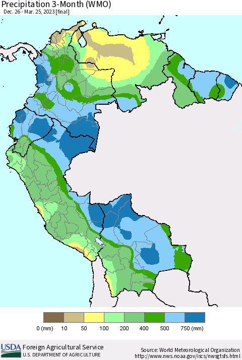 Northern South America Precipitation 3-Month (WMO) Thematic Map For 12/26/2022 - 3/25/2023