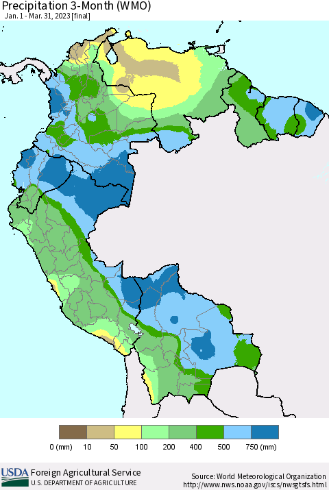 Northern South America Precipitation 3-Month (WMO) Thematic Map For 1/1/2023 - 3/31/2023