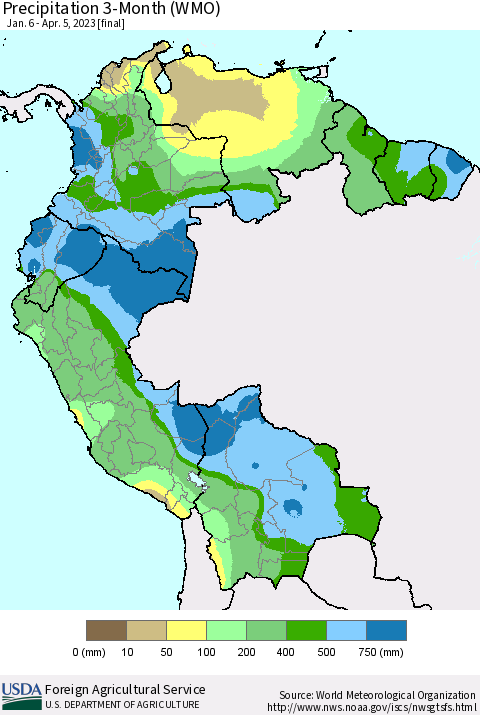 Northern South America Precipitation 3-Month (WMO) Thematic Map For 1/6/2023 - 4/5/2023