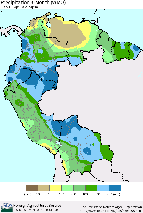 Northern South America Precipitation 3-Month (WMO) Thematic Map For 1/11/2023 - 4/10/2023