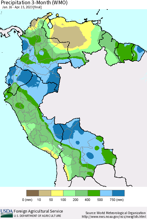 Northern South America Precipitation 3-Month (WMO) Thematic Map For 1/16/2023 - 4/15/2023