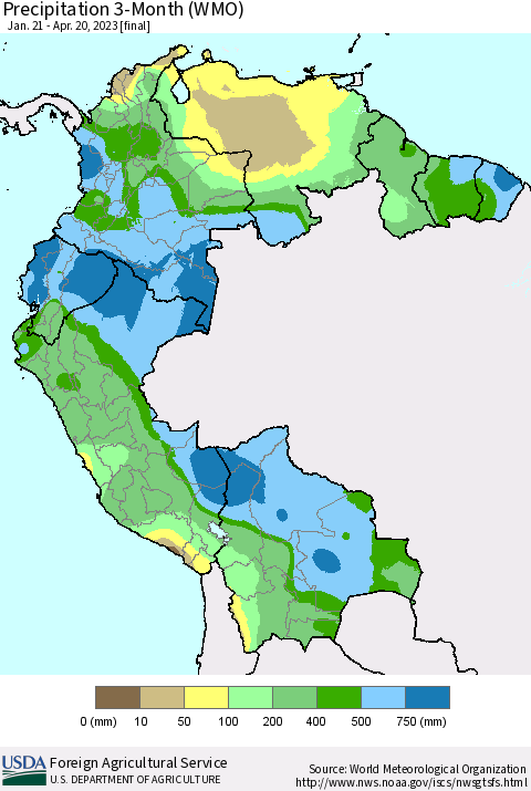 Northern South America Precipitation 3-Month (WMO) Thematic Map For 1/21/2023 - 4/20/2023