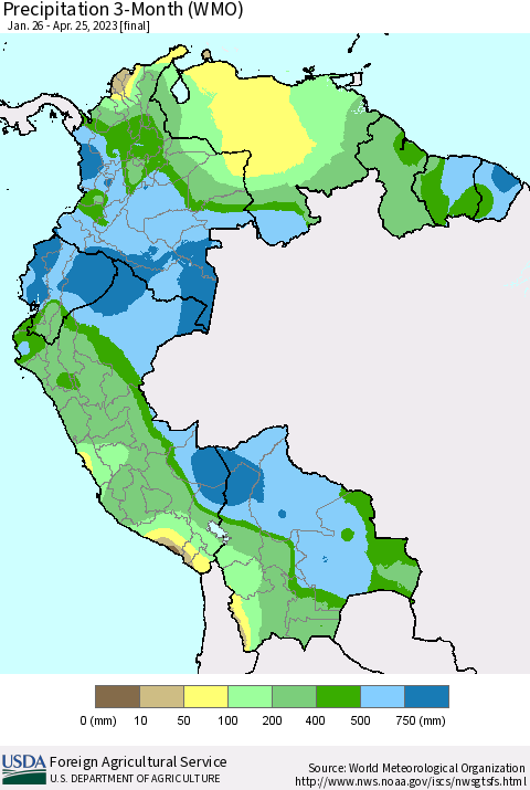 Northern South America Precipitation 3-Month (WMO) Thematic Map For 1/26/2023 - 4/25/2023