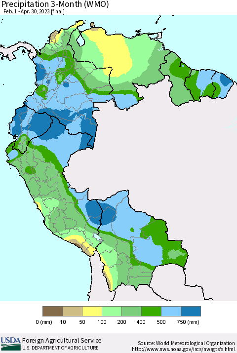 Northern South America Precipitation 3-Month (WMO) Thematic Map For 2/1/2023 - 4/30/2023