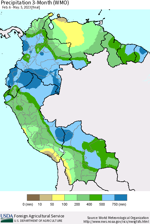 Northern South America Precipitation 3-Month (WMO) Thematic Map For 2/6/2023 - 5/5/2023