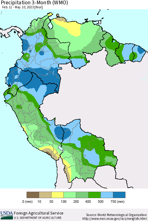 Northern South America Precipitation 3-Month (WMO) Thematic Map For 2/11/2023 - 5/10/2023