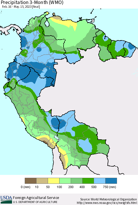 Northern South America Precipitation 3-Month (WMO) Thematic Map For 2/16/2023 - 5/15/2023