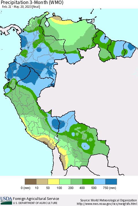 Northern South America Precipitation 3-Month (WMO) Thematic Map For 2/21/2023 - 5/20/2023