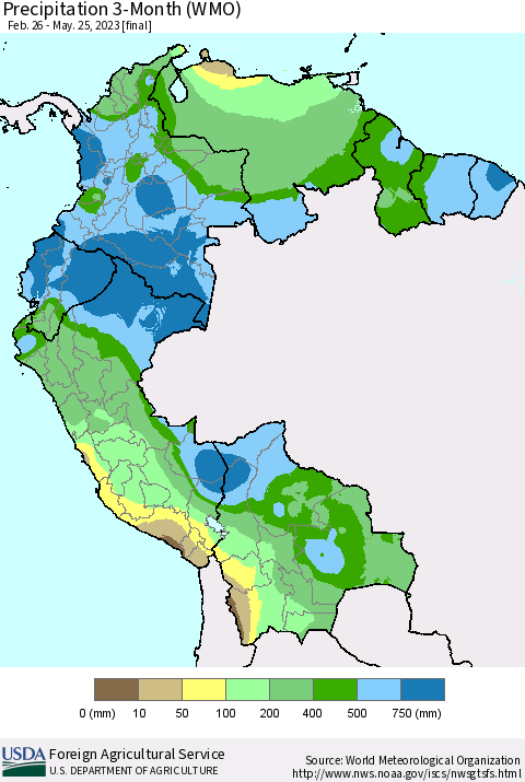 Northern South America Precipitation 3-Month (WMO) Thematic Map For 2/26/2023 - 5/25/2023
