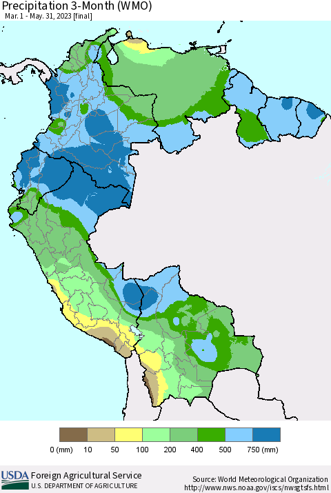 Northern South America Precipitation 3-Month (WMO) Thematic Map For 3/1/2023 - 5/31/2023