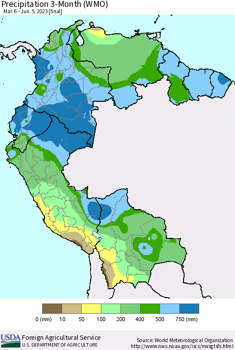 Northern South America Precipitation 3-Month (WMO) Thematic Map For 3/6/2023 - 6/5/2023