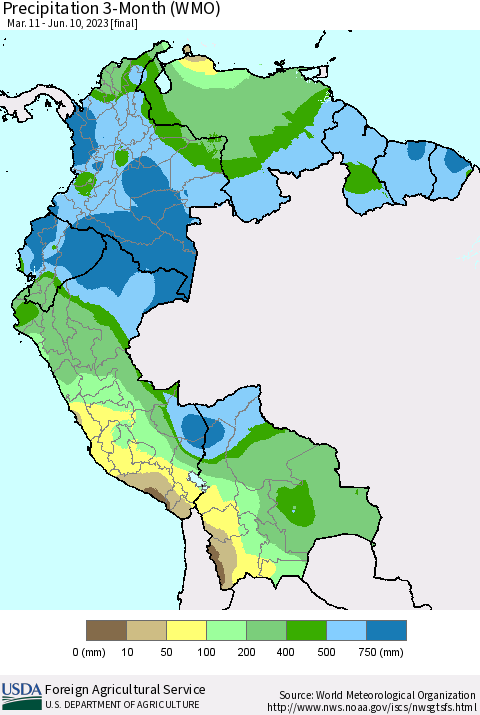 Northern South America Precipitation 3-Month (WMO) Thematic Map For 3/11/2023 - 6/10/2023