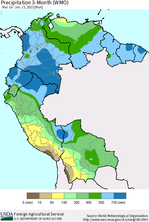 Northern South America Precipitation 3-Month (WMO) Thematic Map For 3/16/2023 - 6/15/2023