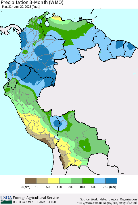 Northern South America Precipitation 3-Month (WMO) Thematic Map For 3/21/2023 - 6/20/2023