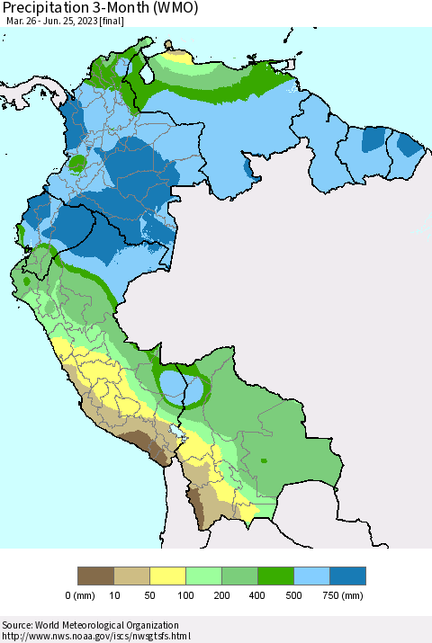 Northern South America Precipitation 3-Month (WMO) Thematic Map For 3/26/2023 - 6/25/2023