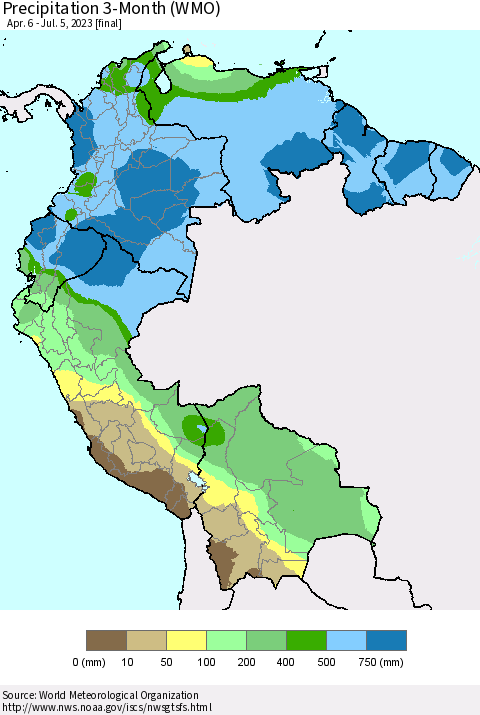 Northern South America Precipitation 3-Month (WMO) Thematic Map For 4/6/2023 - 7/5/2023