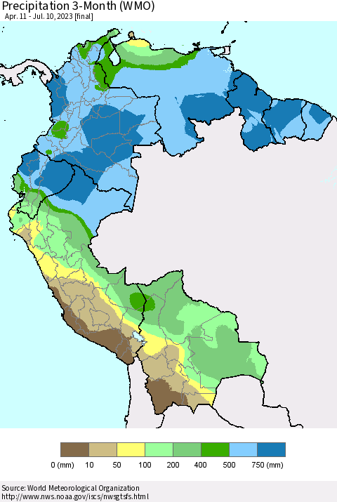 Northern South America Precipitation 3-Month (WMO) Thematic Map For 4/11/2023 - 7/10/2023