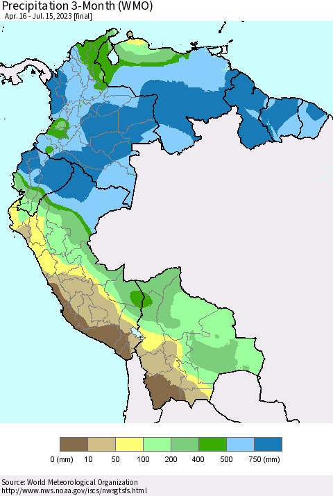 Northern South America Precipitation 3-Month (WMO) Thematic Map For 4/16/2023 - 7/15/2023