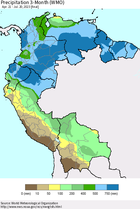Northern South America Precipitation 3-Month (WMO) Thematic Map For 4/21/2023 - 7/20/2023