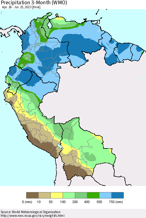 Northern South America Precipitation 3-Month (WMO) Thematic Map For 4/26/2023 - 7/25/2023