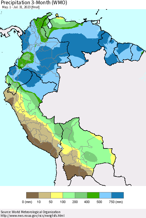 Northern South America Precipitation 3-Month (WMO) Thematic Map For 5/1/2023 - 7/31/2023