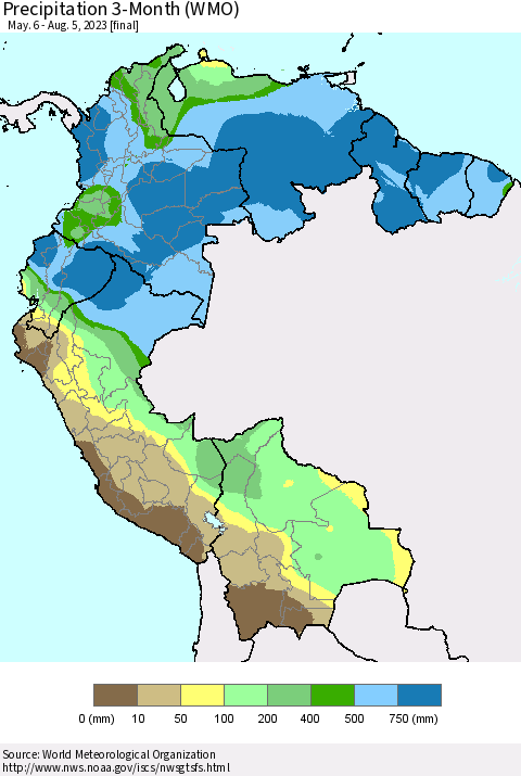 Northern South America Precipitation 3-Month (WMO) Thematic Map For 5/6/2023 - 8/5/2023
