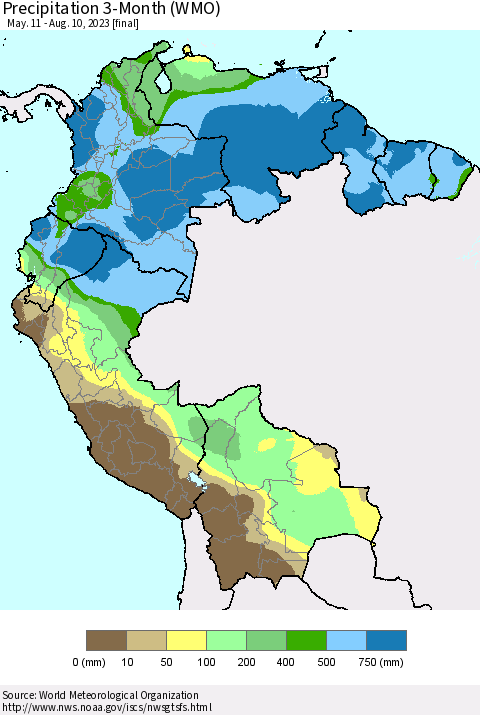 Northern South America Precipitation 3-Month (WMO) Thematic Map For 5/11/2023 - 8/10/2023