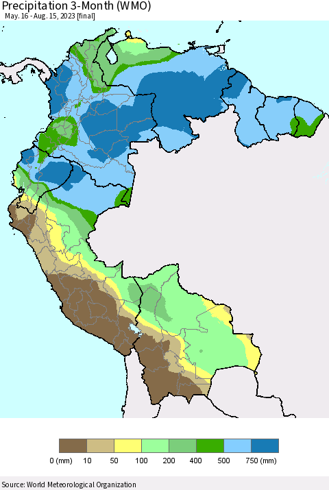 Northern South America Precipitation 3-Month (WMO) Thematic Map For 5/16/2023 - 8/15/2023