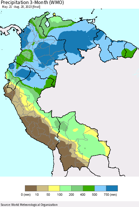Northern South America Precipitation 3-Month (WMO) Thematic Map For 5/21/2023 - 8/20/2023
