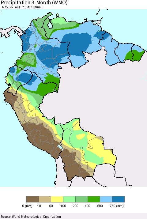 Northern South America Precipitation 3-Month (WMO) Thematic Map For 5/26/2023 - 8/25/2023