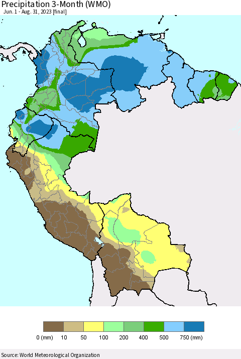 Northern South America Precipitation 3-Month (WMO) Thematic Map For 6/1/2023 - 8/31/2023