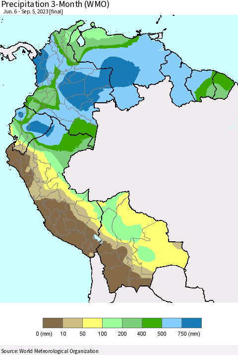 Northern South America Precipitation 3-Month (WMO) Thematic Map For 6/6/2023 - 9/5/2023