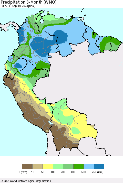 Northern South America Precipitation 3-Month (WMO) Thematic Map For 6/11/2023 - 9/10/2023