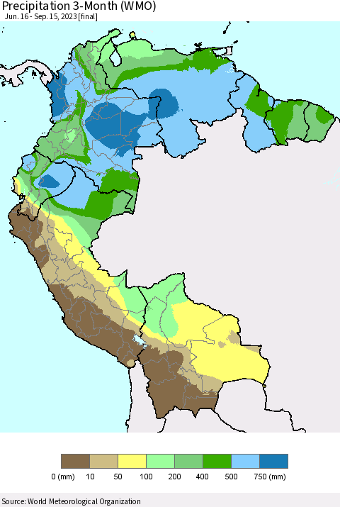 Northern South America Precipitation 3-Month (WMO) Thematic Map For 6/16/2023 - 9/15/2023