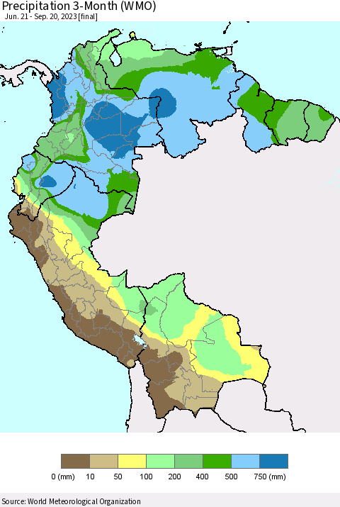 Northern South America Precipitation 3-Month (WMO) Thematic Map For 6/21/2023 - 9/20/2023