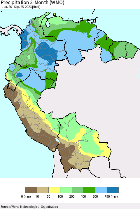 Northern South America Precipitation 3-Month (WMO) Thematic Map For 6/26/2023 - 9/25/2023