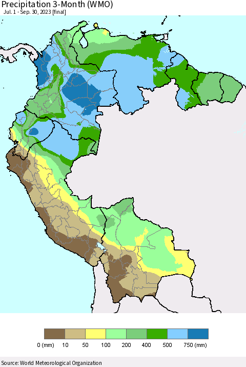 Northern South America Precipitation 3-Month (WMO) Thematic Map For 7/1/2023 - 9/30/2023