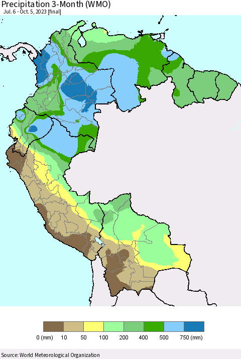 Northern South America Precipitation 3-Month (WMO) Thematic Map For 7/6/2023 - 10/5/2023