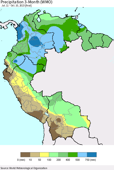 Northern South America Precipitation 3-Month (WMO) Thematic Map For 7/11/2023 - 10/10/2023