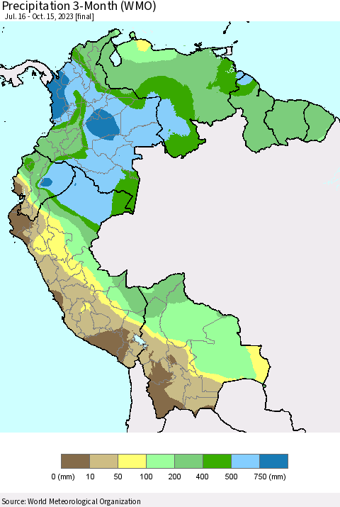 Northern South America Precipitation 3-Month (WMO) Thematic Map For 7/16/2023 - 10/15/2023