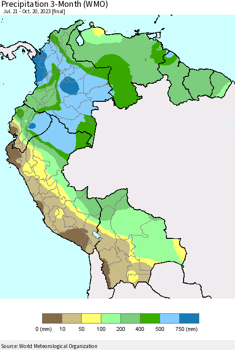 Northern South America Precipitation 3-Month (WMO) Thematic Map For 7/21/2023 - 10/20/2023