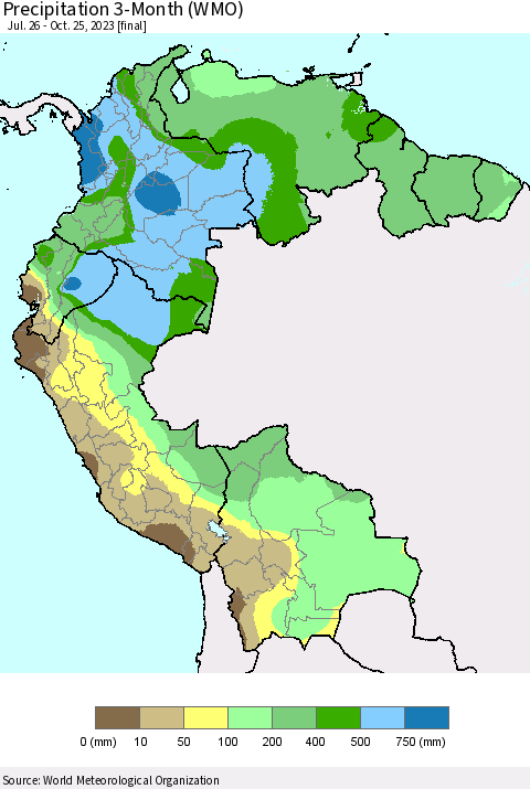Northern South America Precipitation 3-Month (WMO) Thematic Map For 7/26/2023 - 10/25/2023
